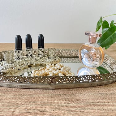 Vintage Mirror Tray and Lipstick Holder - Filigree Metal Vanity Tray & Ornate 5 Lipstick Holder - Silver Tone Perfume Tray - MCM Bath Decor 