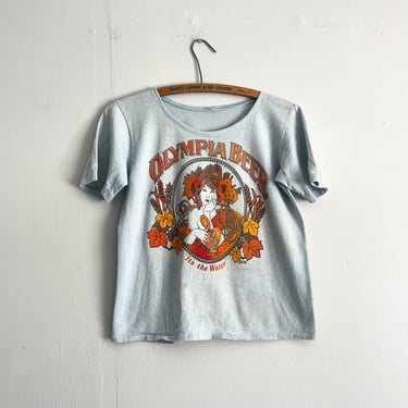 Vintage 70s Olympia Beer Goddess Shirt Baby Blue Altered Womens Small 