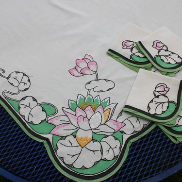 Vintage Arts and Crafts Embroidered and Painted Luncheon Tablecloth with 4 Napkins with Water Lilies 