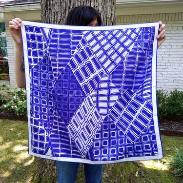 Bold Large Vintage 60s 70s Indigo & White Abstract Art Square Scarf 