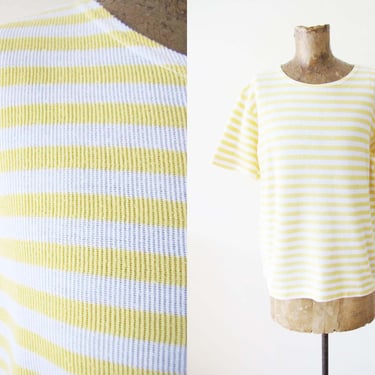 Vintage 90s Striped Shirt M  - Butter Yellow Ribbed Cotton Blend T Shirt - Boxy 1990s Short Sleeve T Shirt 