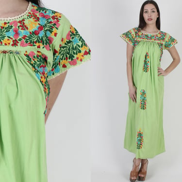Lime Color Vintage Oaxacan Maxi Dress, Vintage All Cotton Floral Embroidered Caftan 