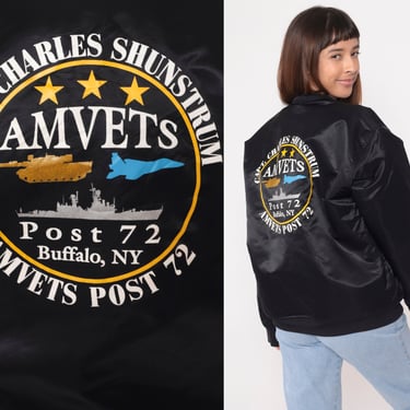 AMVETS Bomber Jacket 90s Black Satin Jacket Carol Retro Uniform Buffalo New York Snap Up Windbreaker Vintage 1990s Oversized Large 
