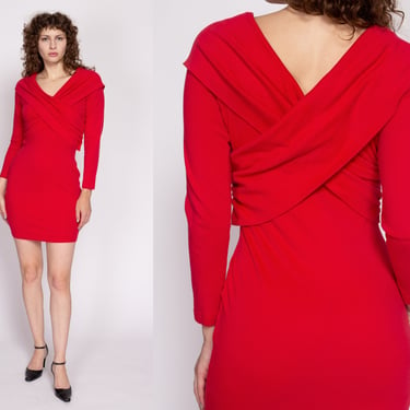 M| 80s Red Criss Cross Bodycon Dress - Medium | Vintage Long Sleeve Fitted Stretchy Mini Dress 
