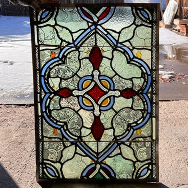 English Gothic Revival Leaded, Stained and Pressed Glass Rectangular Window