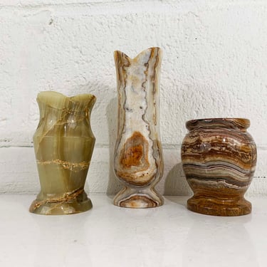 Vintage Onyx Stone Alabaster Vases Set of 3 Mismatched Decor Housewarming Gift Bud 1970s 