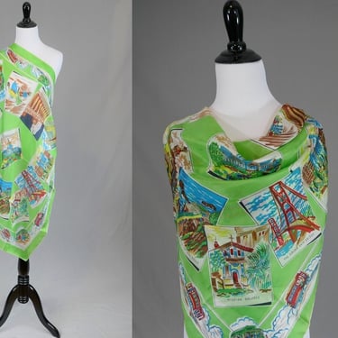 Vintage San Francisco Scarf - Tourist Souvenir - Hand Rolled Pure Silk Japan - Cable Cars City Sites Attractions - 35" square 