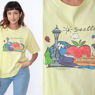 90s Seattle Shirt Space Needle TShirt Orca Whale Shirt Mount Rainier Washington State Tee Usa Vintage Retro 1990s Yellow Coffee Medium 