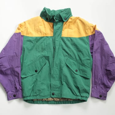 Vintage 90s Color Blocked Lightweight Jacket - Forest Club - Zip & Button Closure - Green  / Yellow / Purple- Hidden Hood - M/L 