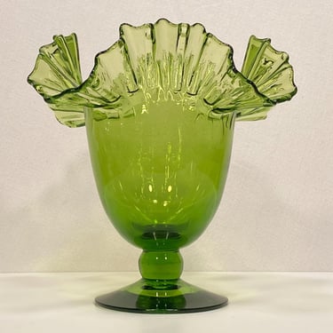 Blenko #487 Green Crimp Top Pedestal Vase 