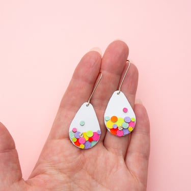Confetti Teardrop Earrings in Neon + White Small- Lightweight Statement Leather earrings made with Scraps 
