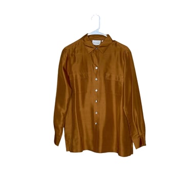 Vintage Women's Christie & Jill Shimmering Copper Brown Raw Silk Button Up Blouse, Top Size 10P 