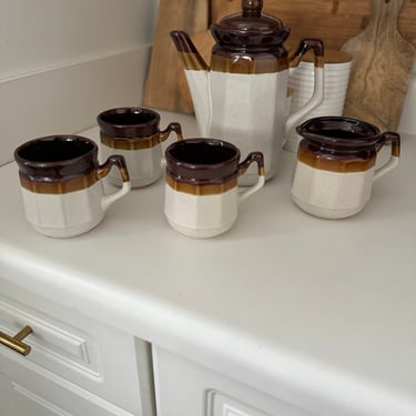 Vintage Taiwan Brown Ceramic Stoneware Coffee Cups, Creamer & Pitcher 