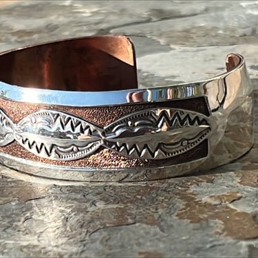Douglas Etsitty ~ Vintage Navajo Sterling Silver Over Copper Cuff Bracelet with Stamp Work 