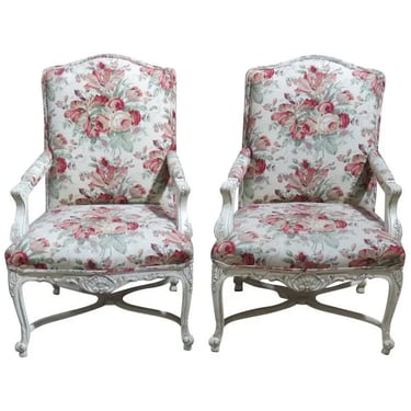 Pair Louis XVI Style Distressed Cream Painted Fauteuils Bergere Lounge Chairs