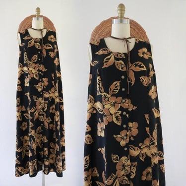 tie back button dress - m - vintage 90s 1990s flowy black gold womens long maxi sleeveless summer dress 
