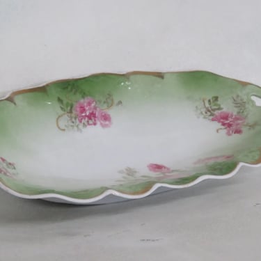 Bavaria Germany Porcelain Floral Pink Roses Serving Tray Dish with Handles 3172B