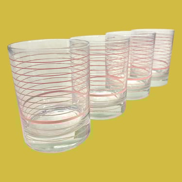 Vintage Whiskey Glasses Retro 1990s Contemporary + Clear Glass + Pink Stripe + Set of 4 + Old Fashioned/Cocktail Glassware + Modern Kitchen 