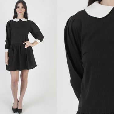 Wednesday Addams Costume, 70s Black Tuxedo Dress, White Scallop Collar Mini 