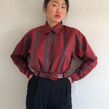 80s silk + cotton blouse / vintage deadstock designer Gianna Cassoli prairie blouse red striped silk cotton ruffle collar blouse | Large 