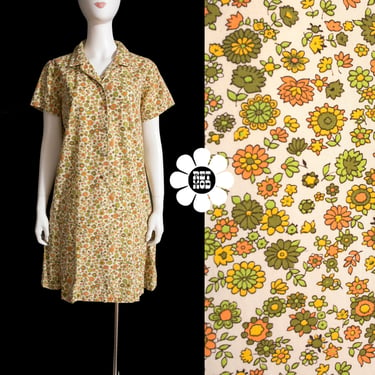 Cute Vintage 60s Green & Orange Ditsy Floral Cotton Shirt Dress 