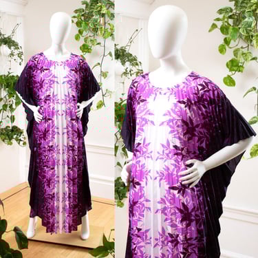 Vintage 1970s Kaftan | 70s Hawaiian Floral Ombré Purple Accordion Pleated Maxi Aloha Tiki Caftan Dress | xs-xl 