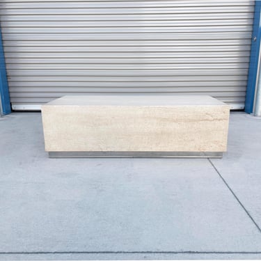 1990s Mid Century Rectangular Travertine and Chrome Coffee Table 