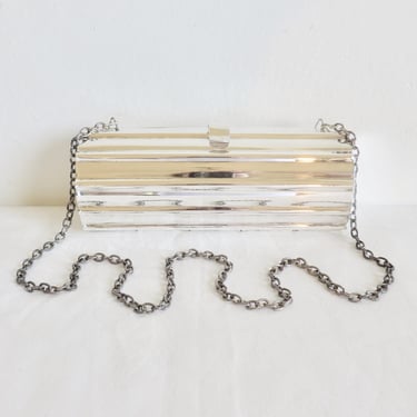 1970's Silver Metal Clutch Purse Metales Mexico Ridged Design Shoulder Chain Cylinder Shape Mexican Artisinal Disco Bag 