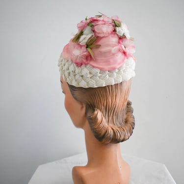 1950s Pink Floral and White Straw Cone Hat 