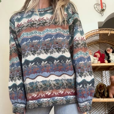 Vintage 90s Icelandic Knit Wool Earthtone Floral Printed Sweater Fairisle Medium Large by TimeBa