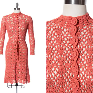Vintage 1970s Sweater Dress | 70s Knit Salmon Pink Peach Open Crochet Knit See Through Sheer Long Sleeve Sheath Wiggle Dress (xs-large) 
