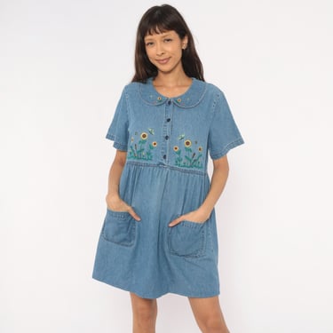 90s sunflower babydoll dress Vintage 90s 1990s Sunflower Summer Mini Babydoll Dress - All That Jazz