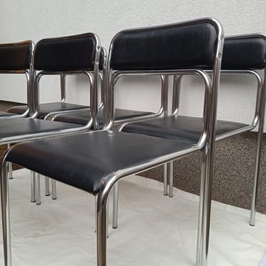 1 of 6 Bauhaus Design Chrome Tubular Steel and Black Faux Leather Dining Chairs, 1990s Vintage Modernist Stackable Dining Chairs 