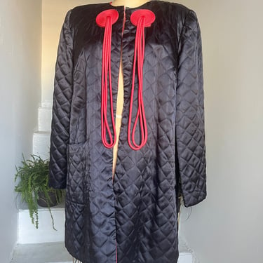 1940s Black Satin and Coral Quilted Elongated Bed Jacket by Textron Large Vintage Minty 