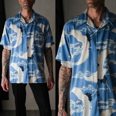 Vintage 40s Style AVANTI Hawaiian Sky Blue Herringbone Silk Asian Crane Loop Collar Shirt | 100% Silk | 1990s Does 1940s Designer Shirt 