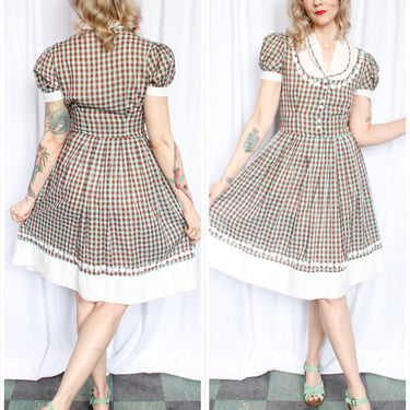 1940s Plaid Mione Cotton Day Dress - Medium 