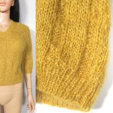 Vintage 60s Mustard Yellow Hand Knit Fuzzy Mohair Wool V Neck Sweater Size XS 