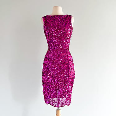 Vintage 80's Gorgeous Fuchsia Silk Sequined Party Dress / Sz M