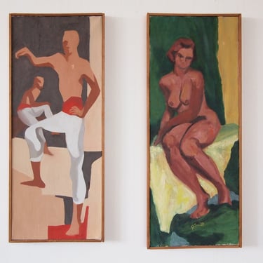 Pair 2 Original Vintage EXPRESSIONIST PORTRAIT PAINTING Jerry Smith 26x11" Oil / Canvas Man Woman Mid-Century Modern Art Abstract eames era 
