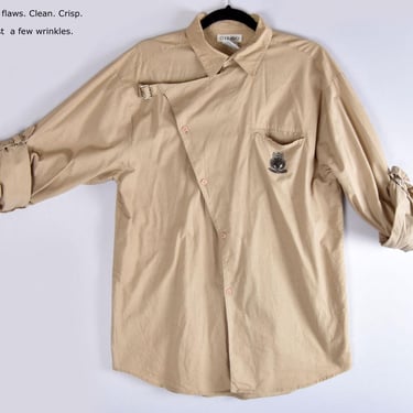 80's Men's Shirt Flock Of Seagulls Style 1980's Vintage New Wave Cotton Oxford Button Down Tan Beige 