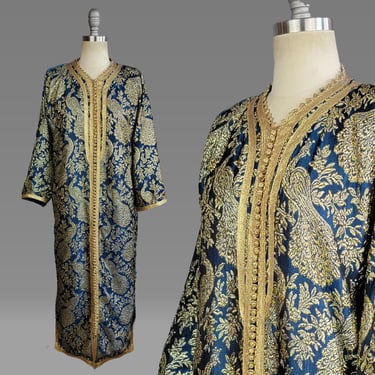 1960s Blue Caftan / Peacock Caftan / Ottoman Caftan / Blue and Gold Peacock Caftan / Peacock Print / Size Small Medium 