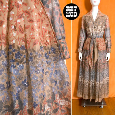 So Pretty Vintage 70s Brown Blue Orange Flowers & Blueberries Border Print Maxi Dress 