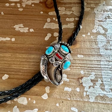 FRED WEEKOTY FW Turquoise, Spiney Oyster, Claw & Sterling Silver Bolo Tie w/ Leather Cord | Native American Zuni Mens Jewelry, Southwestern 