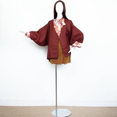 Vintage 60s Rusty Red Brown Floral Wool Kimono Midi Jacket Size M 