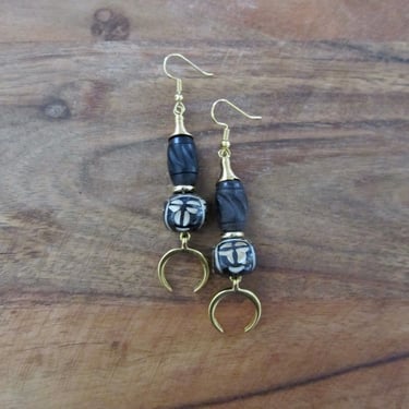 Tribal mask earrings, carved wooden earrings, brass 