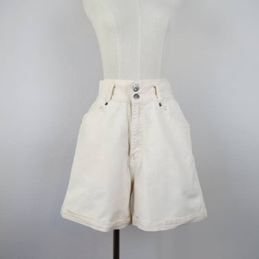 Vintage 1980s high waist denim shorts, paper bag, Bonjour, cotton 