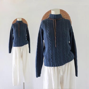 cable knit pullover sweater - s - vintage 90s y2k blue ramie cotton womens size small long sleeve mock neck minimal casual 