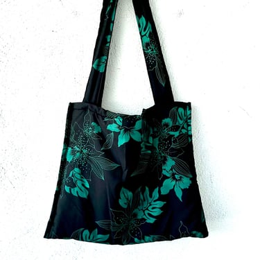 Vintage Hawaiian Floral Tote Shoulder Bag // Hawaii Orchid Big Soft Purse Black Mint 