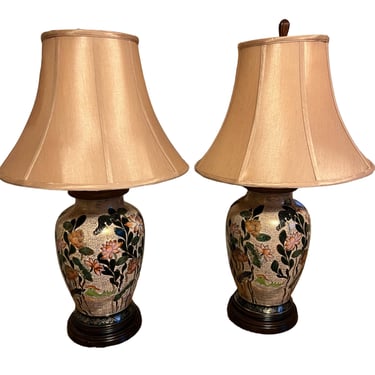 Great vintage lotus flower table lamps with silk shades 
