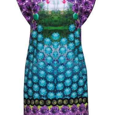Yoana Baraschi - Blue & Purple Flower Print Dress w/ Garden Scene Sz 4